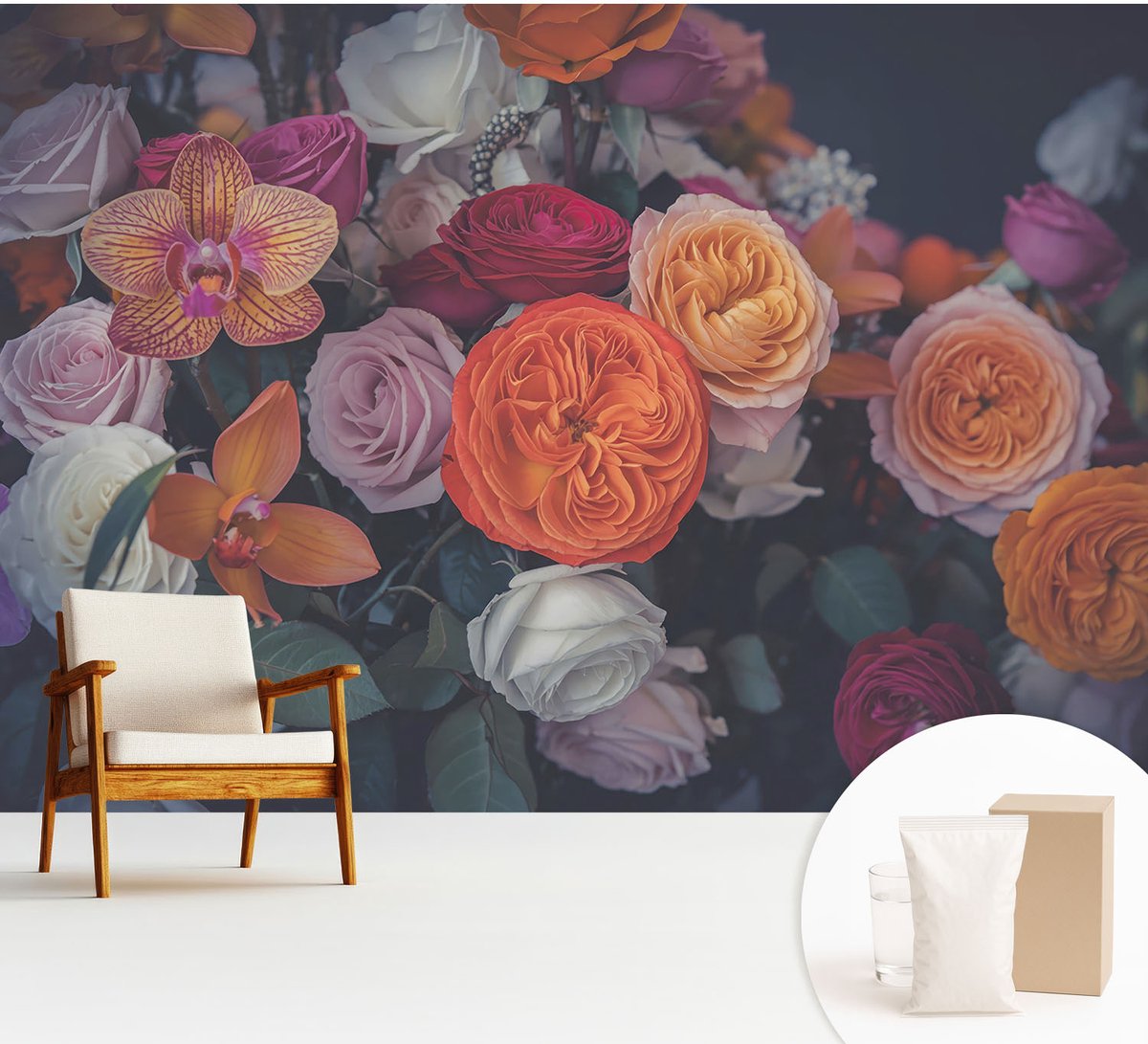 Wallfluent Fotobehang - Oranje Vliesbehang - 312x219 cm - Kleurrijk Boeket Fotobehang Vlies - Woonkamer behang Bloemen En Planten - Muurschildering - Woonkamer behang