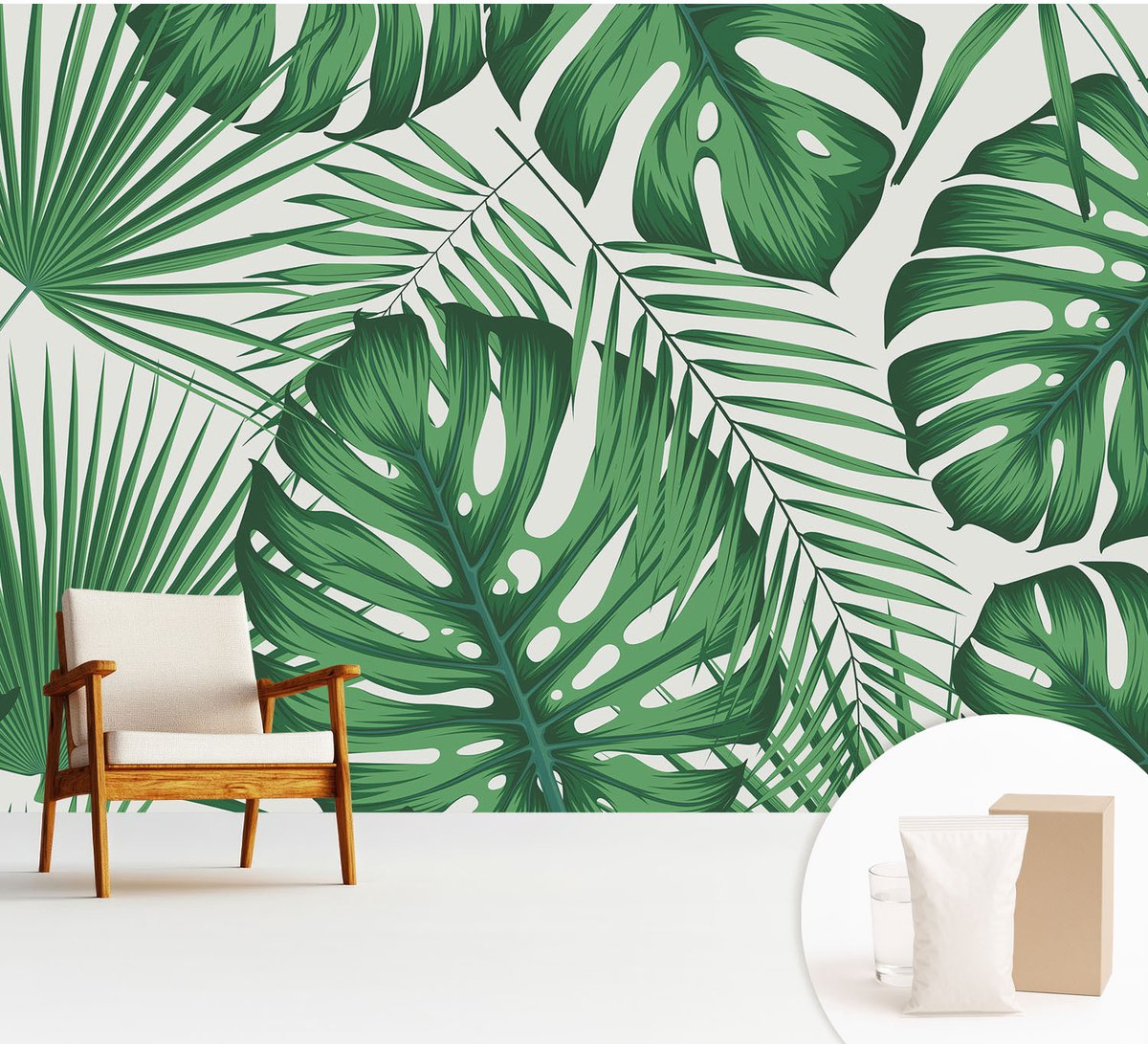 Wallfluent Fotobehang - Groente Vliesbehang - 312x219 cm - Tropische Bladeren Muurschildering - Slaapkamer behang Bloemen En Planten - Fotobehang Vlies - Slaapkamer behang