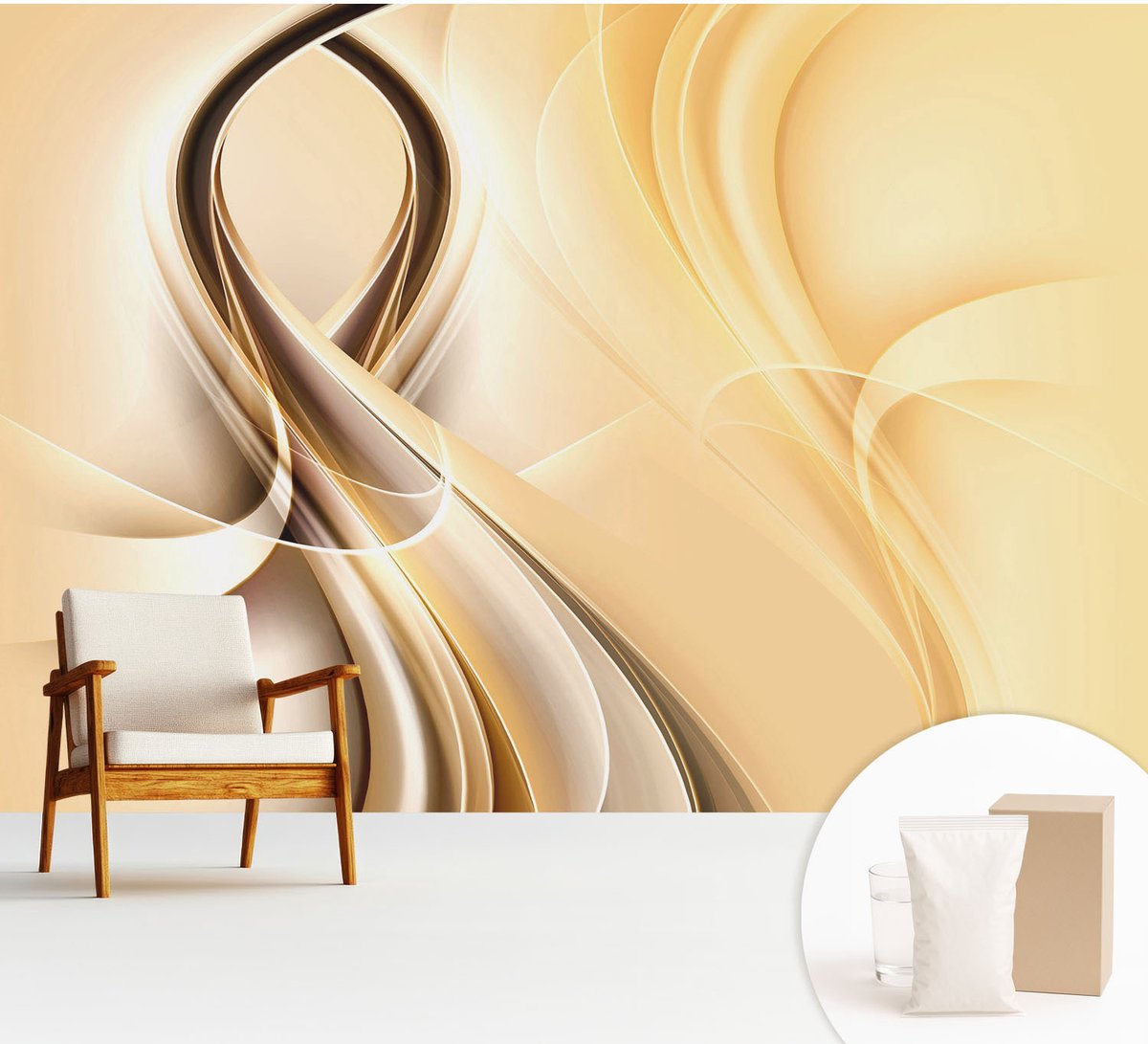 Wallfluent Fotobehang - Beige Vliesbehang - 312x219 cm - Golvende Lijnen Fotobehang Vlies - Woonkamer behang Abstractie - Muurschildering - Woonkamer behang