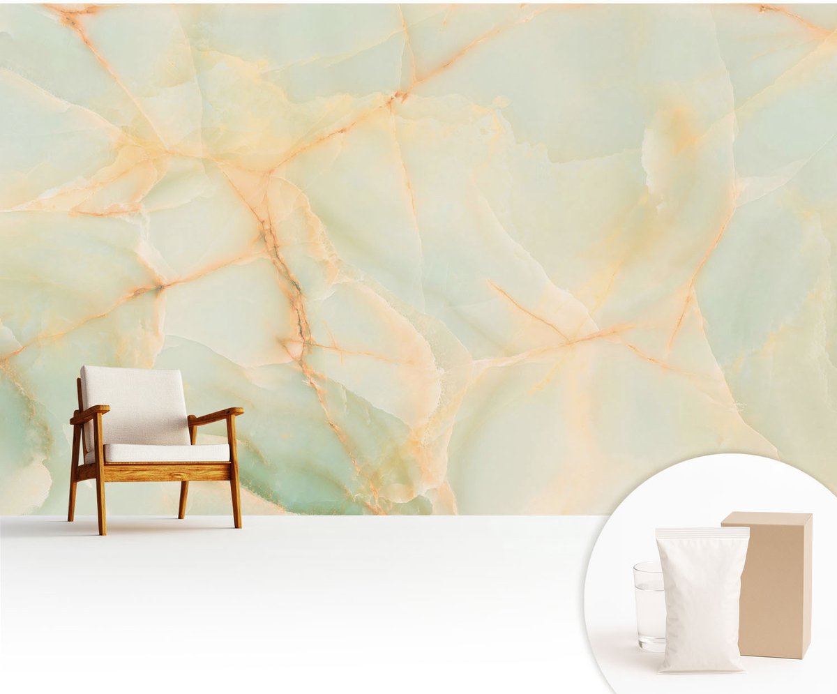 Wallfluent Fotobehang - Oranje Vliesbehang - 416x254 cm - Marmeren Elegantie Muurschildering - Slaapkamer behang Abstractie - Fotobehang Vlies - Slaapkamer behang