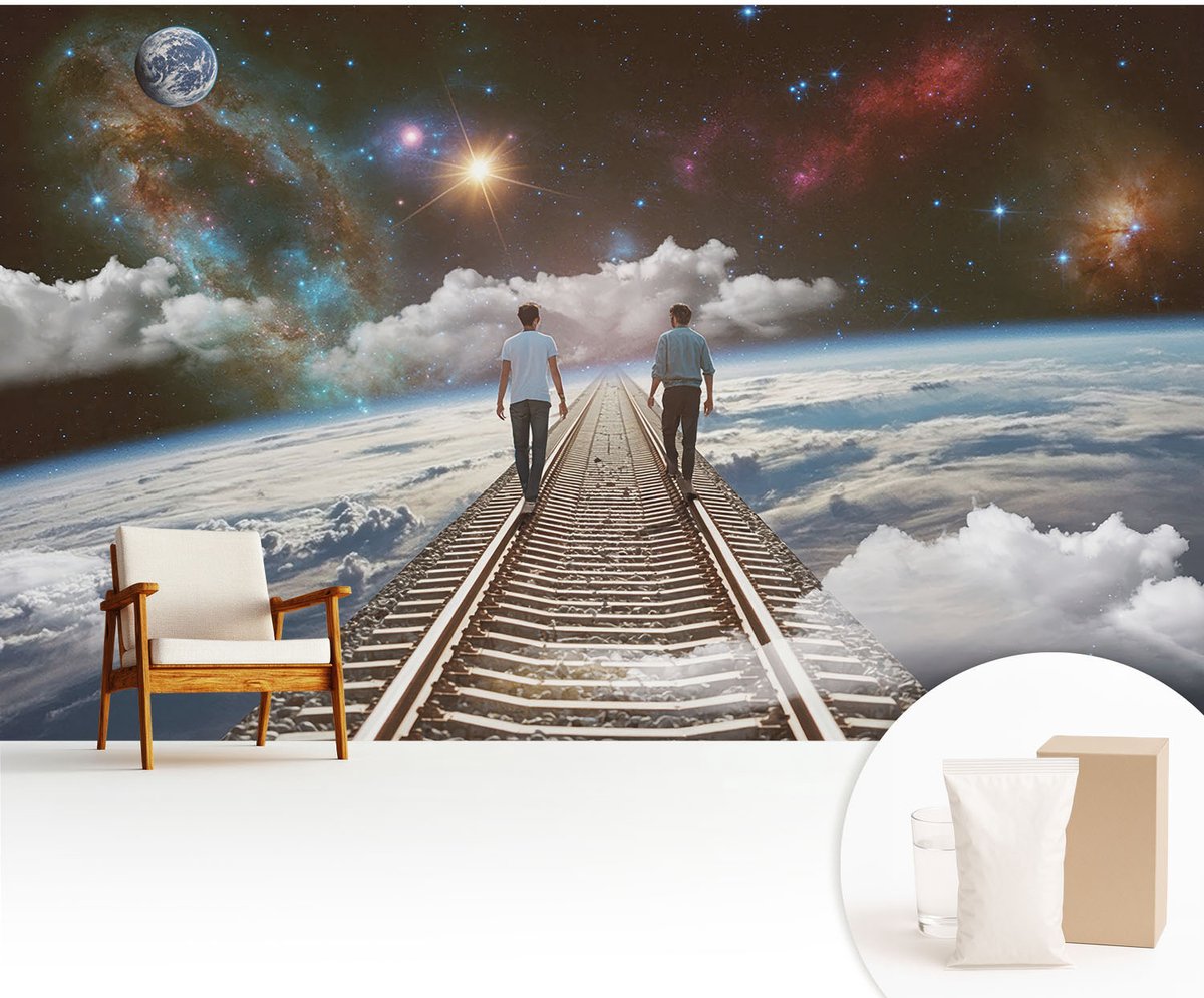 Wallfluent Fotobehang - Wit Vliesbehang - 416x254 cm - Ruimtereis Fotobehang Vlies - Woonkamer behang Kosmos - Muurschildering - Woonkamer behang