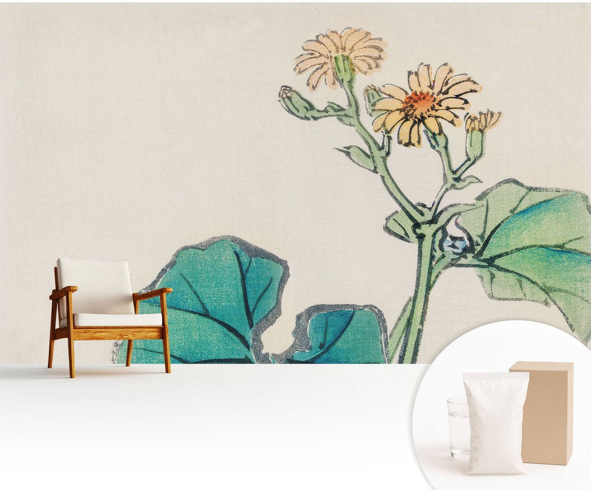 Wallfluent Fotobehang - Wit Vliesbehang - 416x254 cm - Bloem En Bladeren Fotobehang Vlies - Woonkamer behang Bloemen En Planten - Muurschildering - Woonkamer behang