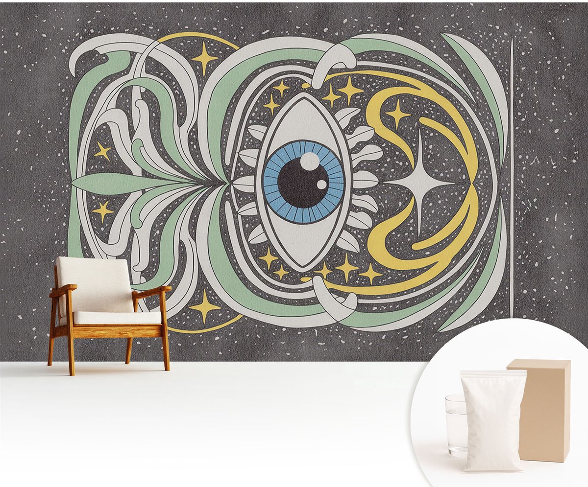 Wallfluent Fotobehang - Zwart Vliesbehang - 416x254 cm - Symmetrisch Oog Fotobehang Vlies - Hal behang Abstractie - Muurschildering - Hal behang