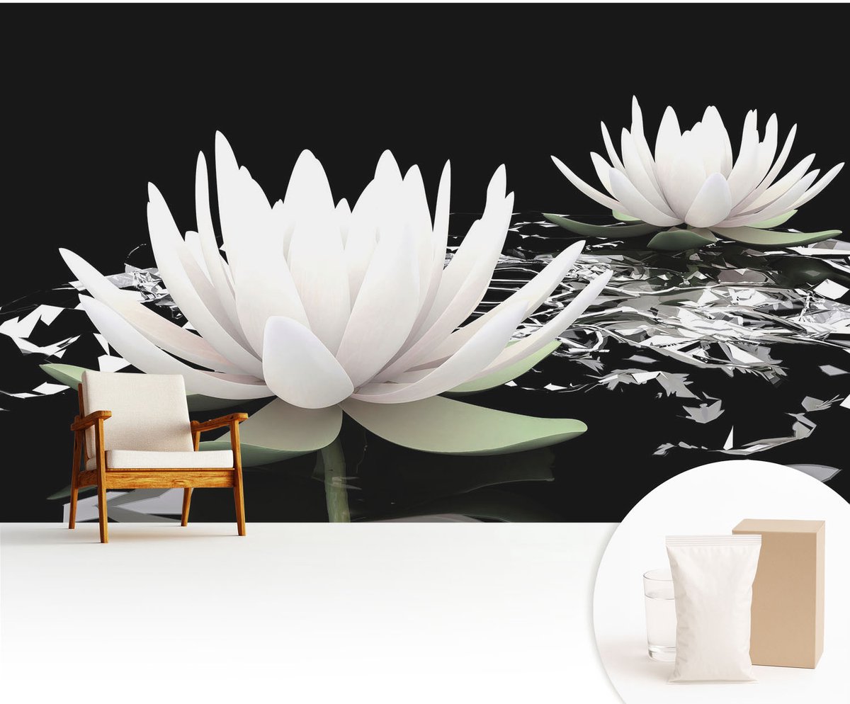 Wallfluent Fotobehang - Wit Vliesbehang - 416x254 cm - Waterbloemen Fotobehang Vlies - Woonkamer behang Bloemen En Planten - Muurschildering - Woonkamer behang