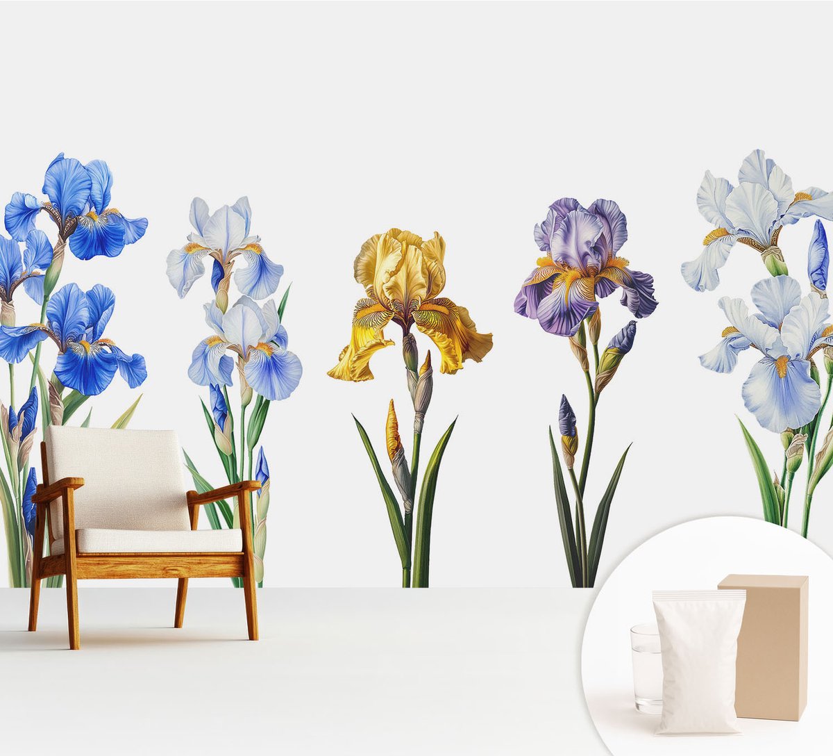 Wallfluent Fotobehang - Blauw Vliesbehang - 312x219 cm - Irisbloemen Muurschildering - Slaapkamer behang Bloemen En Planten - Fotobehang Vlies - Slaapkamer behang