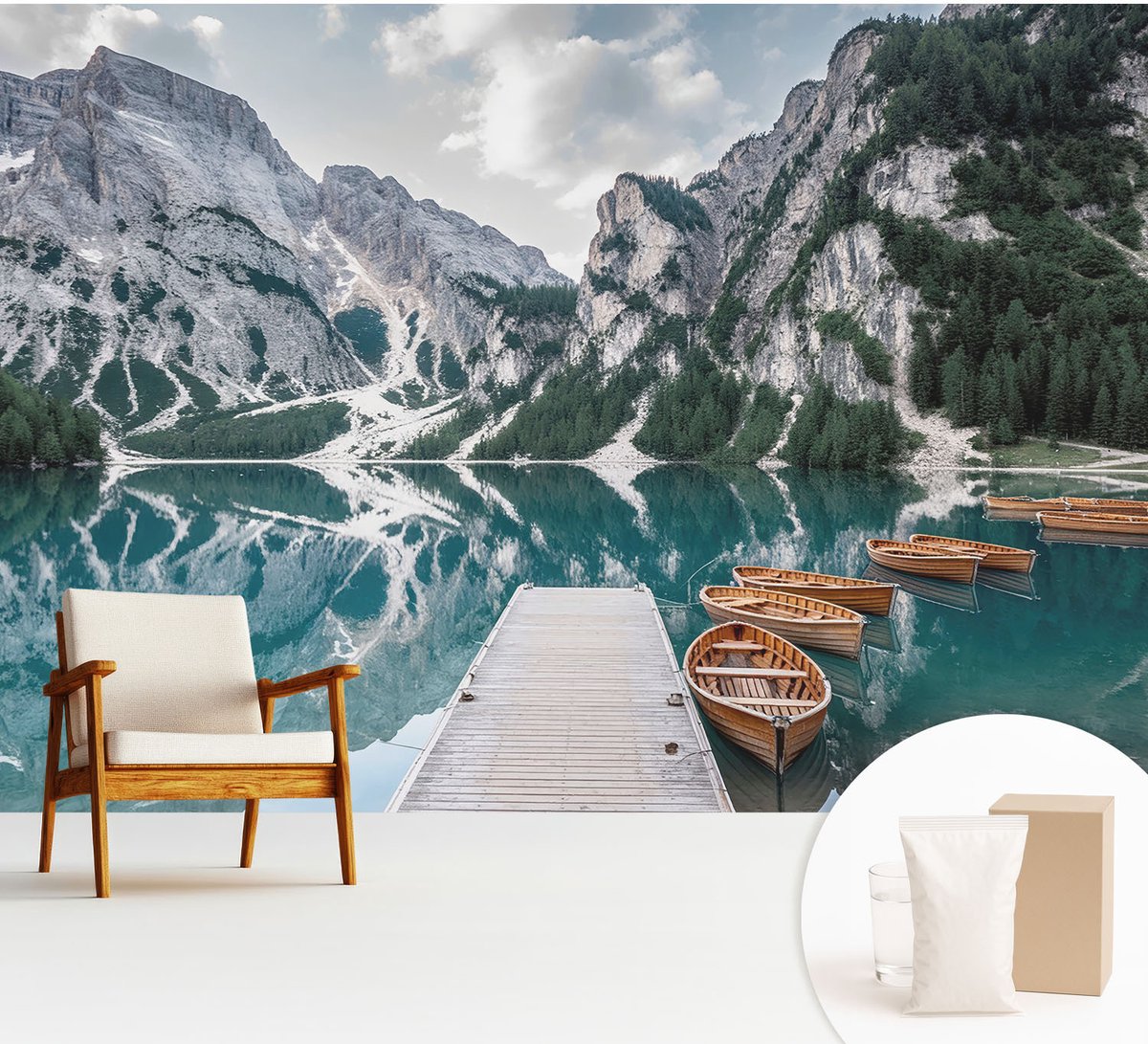 Wallfluent Fotobehang - Wit Vliesbehang - 312x219 cm - Bergpanorama Muurschildering - Gang behang Landschappen - Fotobehang Vlies - Gang behang