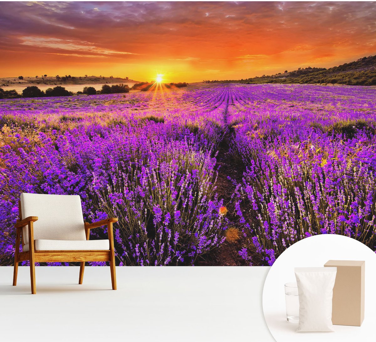 Wallfluent Fotobehang - Paars Vliesbehang - 312x219 cm - Lavendelzonsondergang Fotobehang Vlies - Hal behang Landschappen - Muurschildering - Woonkamer behang