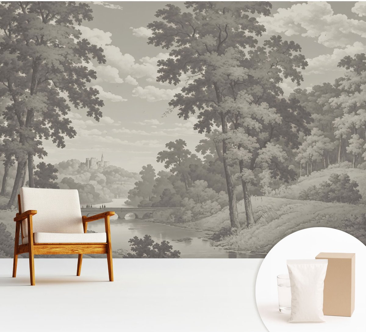 Wallfluent Fotobehang - Grijs Vliesbehang - 312x219 cm - Kasteel En Brug Fotobehang Vlies - Woonkamer behang Landschappen - Muurschildering - Woonkamer behang