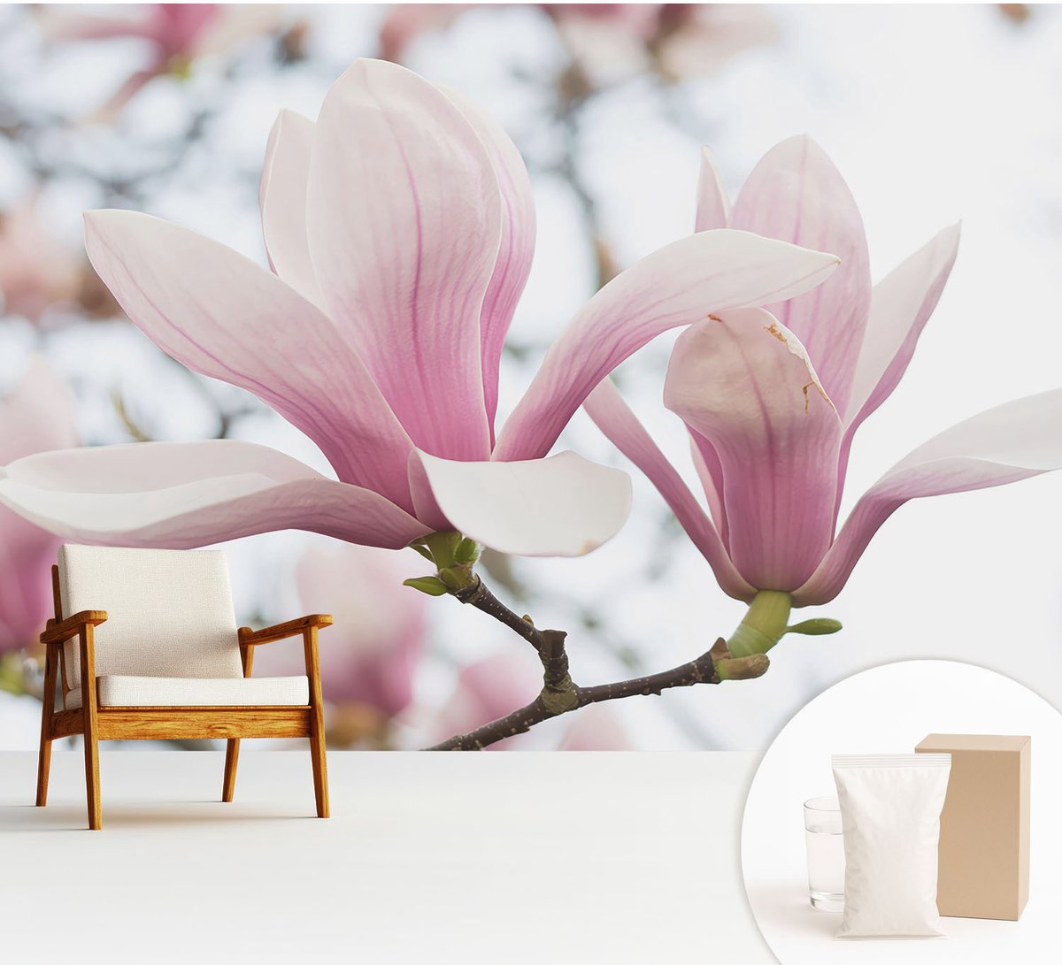 Wallfluent Fotobehang - Roze Vliesbehang - 312x219 cm - Magnolia Bloemen Fotobehang Vlies - Hal behang Bloemen En Planten - Muurschildering - Hal behang