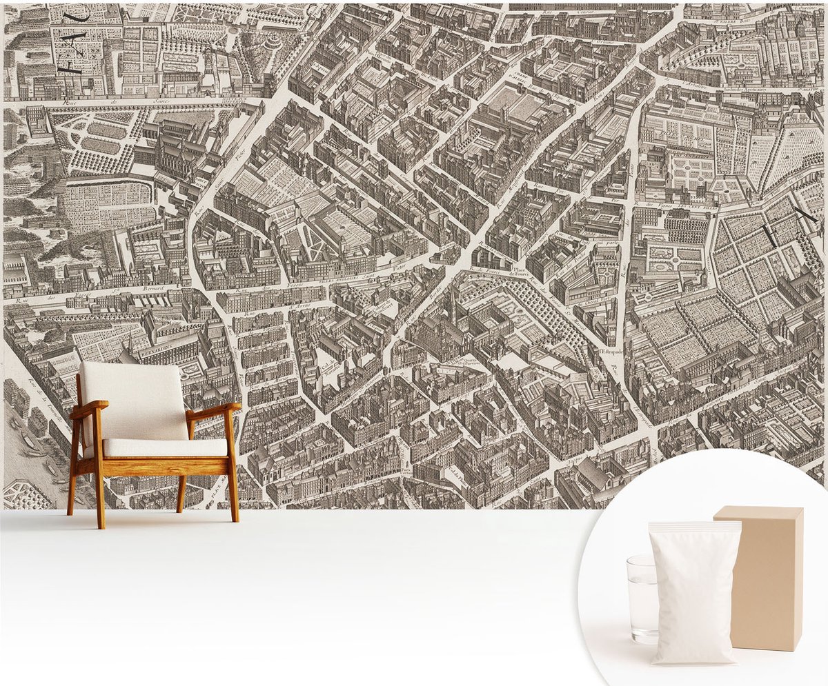 Wallfluent Fotobehang - Bruin Vliesbehang - 416x254 cm - Stedelijk Doolhof Fotobehang Vlies - Hal behang Kaarten - Muurschildering - Woonkamer behang