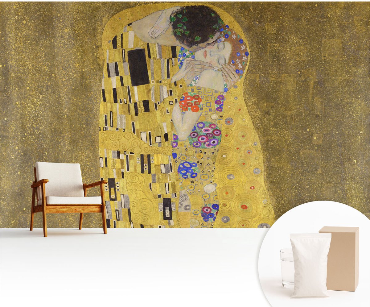 Wallfluent Fotobehang - Geel Vliesbehang - 416x254 cm - Art Nouveau-Paar Fotobehang Vlies - Woonkamer behang Deel - Muurschildering - Woonkamer behang