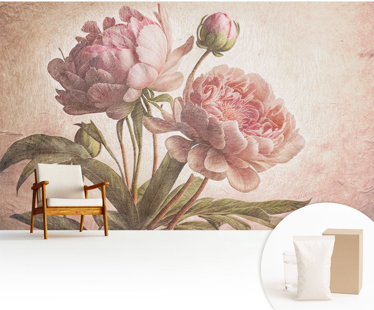 Wallfluent Fotobehang - Roze Vliesbehang - 416x254 cm - Delicate Pioenrozen Fotobehang Vlies - Hal behang Bloemen En Planten - Muurschildering - Woonkamer behang