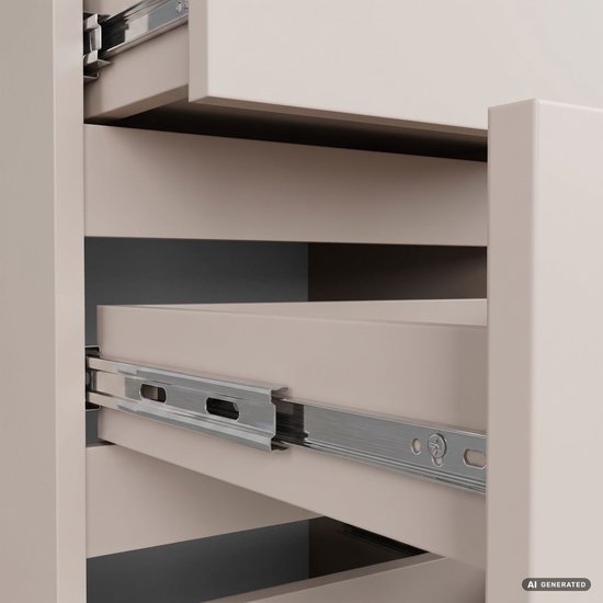 Gedetailleerde close-up van de metalen ladegeleiders van een ladekast in kasjmier kleur.