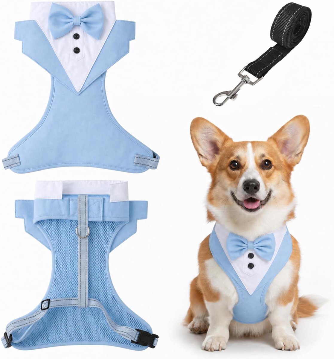 Hondentuigje in Tuxedo-stijl met Vlinderdas - Bruiloftsoutfit voor Honden, Instapharnas met Vulling, Verstelbaar en Trekbestendig, Lichtblauw, Maat L