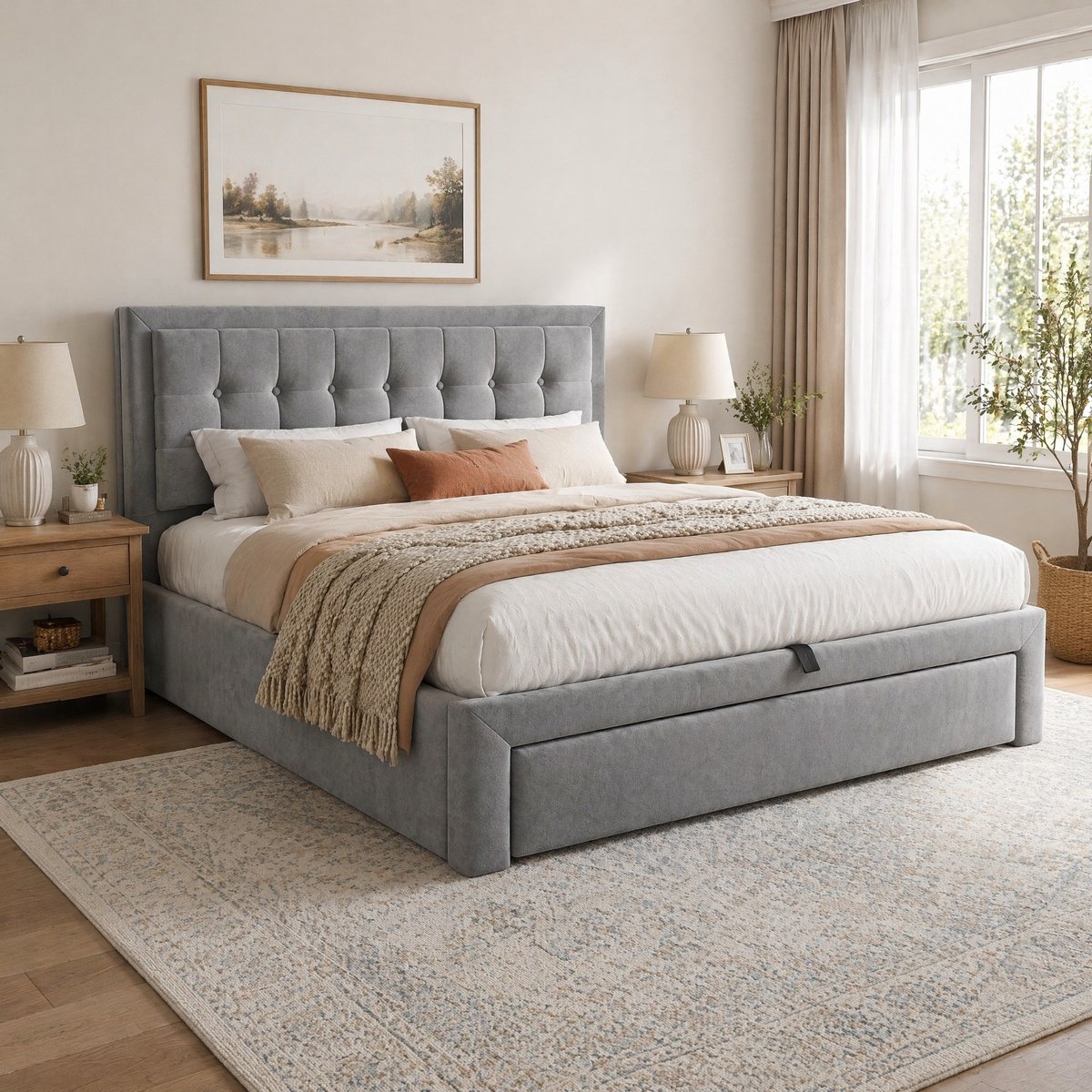WUVRIE Gestoffeerd tweepersoonsbed 140x190 cm met lattenbodem, opbergruimte en 2 lades, grijs