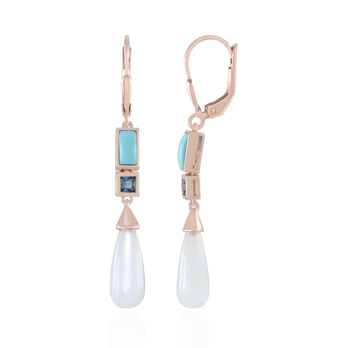 Cavill - Zilveren Oorbellen met 12,2 ct Witte Maansteen Briolette - Roségoud Verguld Sterling Zilver - Elegante Damesoorbellen met Turkoois en Topaas