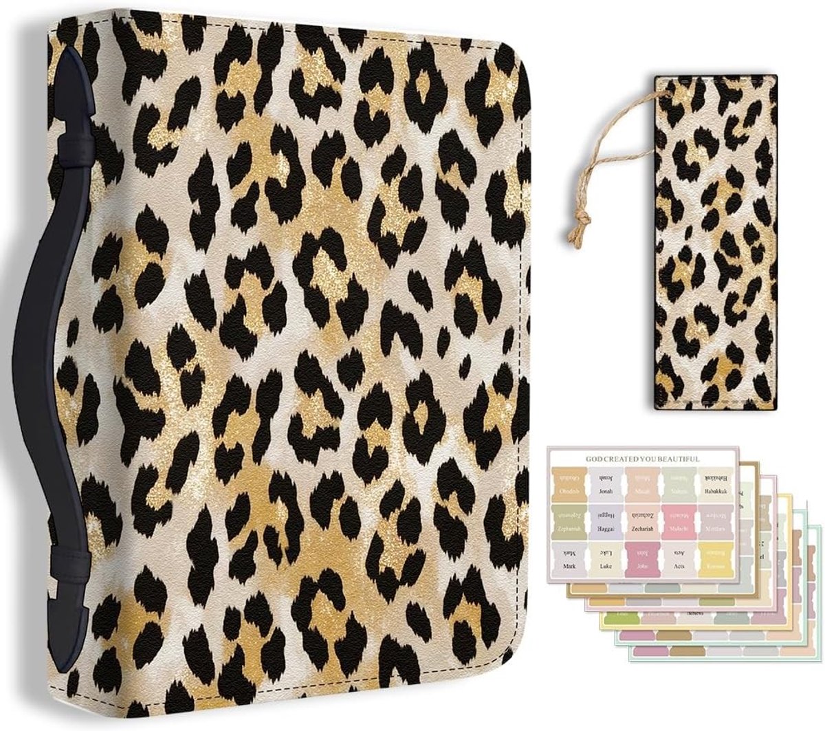 Leopard Bible Cover met Gouden Print - PU Leren Bijbeltas met Bookmark, Ideaal voor Christelijke Notities en Draagaccessoires - 8 x 11 x 2.3 inch