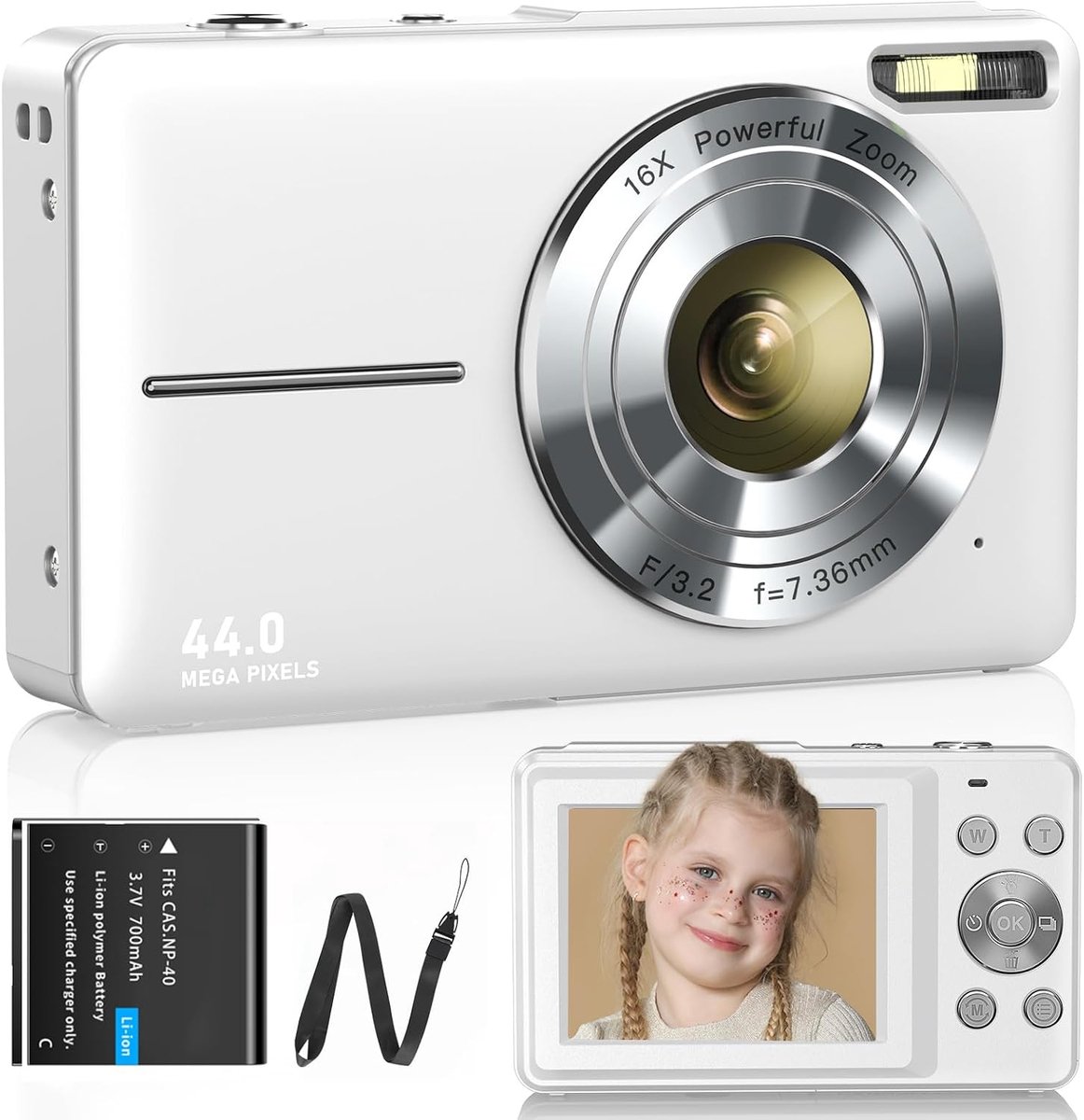 Camera, fotocamera, 1080p, 44MP, 16x digitale zoom met batterijen, digitale camera voor kinderen, jongeren, studenten, beginners, wit