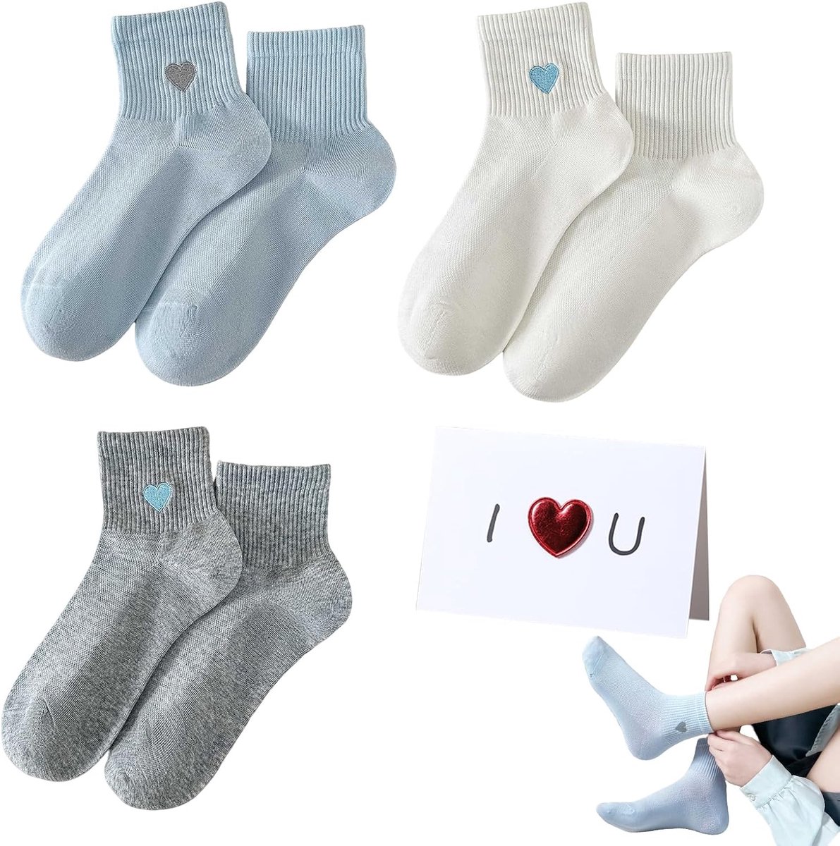 Sokken voor dames met hartmotief, één kaart "Ich liebe dich", vrouwen in wit, blauw, grijs