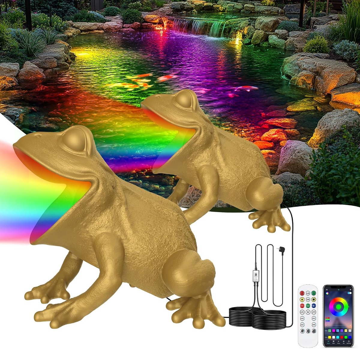 Vijververlichting, led, onderwater met app-bediening, 6 W, kikker, onderwaterlicht, RGB met 12 V transformator, timer, vijververlichting, IP68 waterdicht, voor tuinvijver, waterval, waterspel