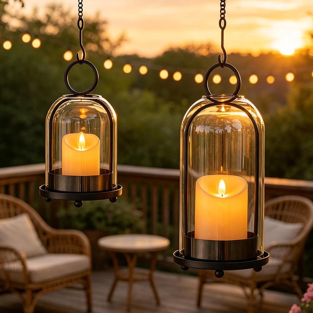 2 stuks windlicht kandelaars: 19,5/30 cm zeer transparant glas windlichten kaarsenhouder met ringgreep en ketting, hangende metalen lantaarn voor binnen en buiten decoratie