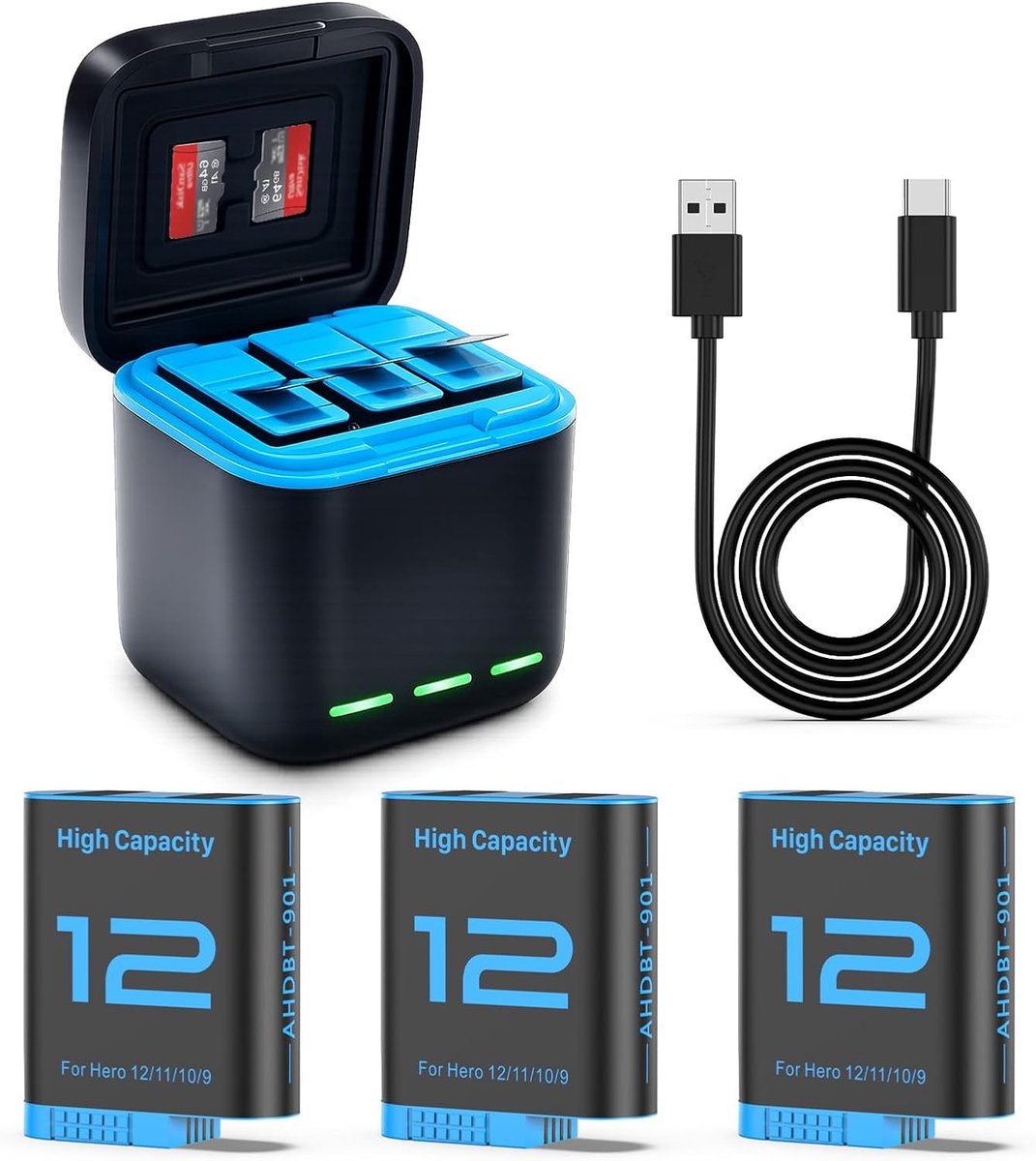 12 Accu, compatibel met GoPro Hero 12/11/10/9 accu, drievoudige oplader en opslagbox met 3 kanalen (oplader + 3 × batterij)