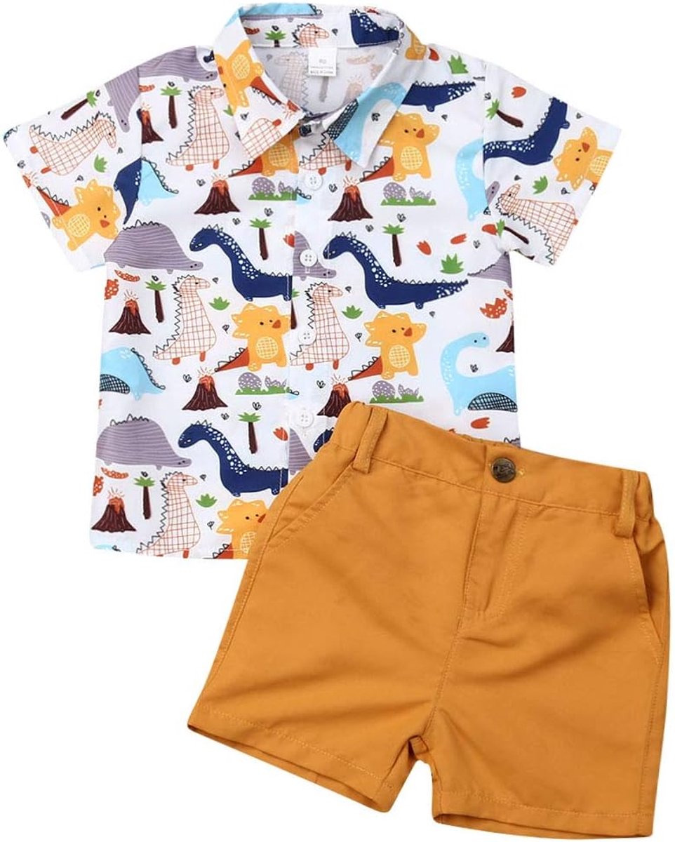 Set voor kinderen, jongens, zomer, 2-delig, met dinosaurus-opdruk, hemd met korte mouwen + shorts (1-6 jaar) - - 90(2-3 ans)