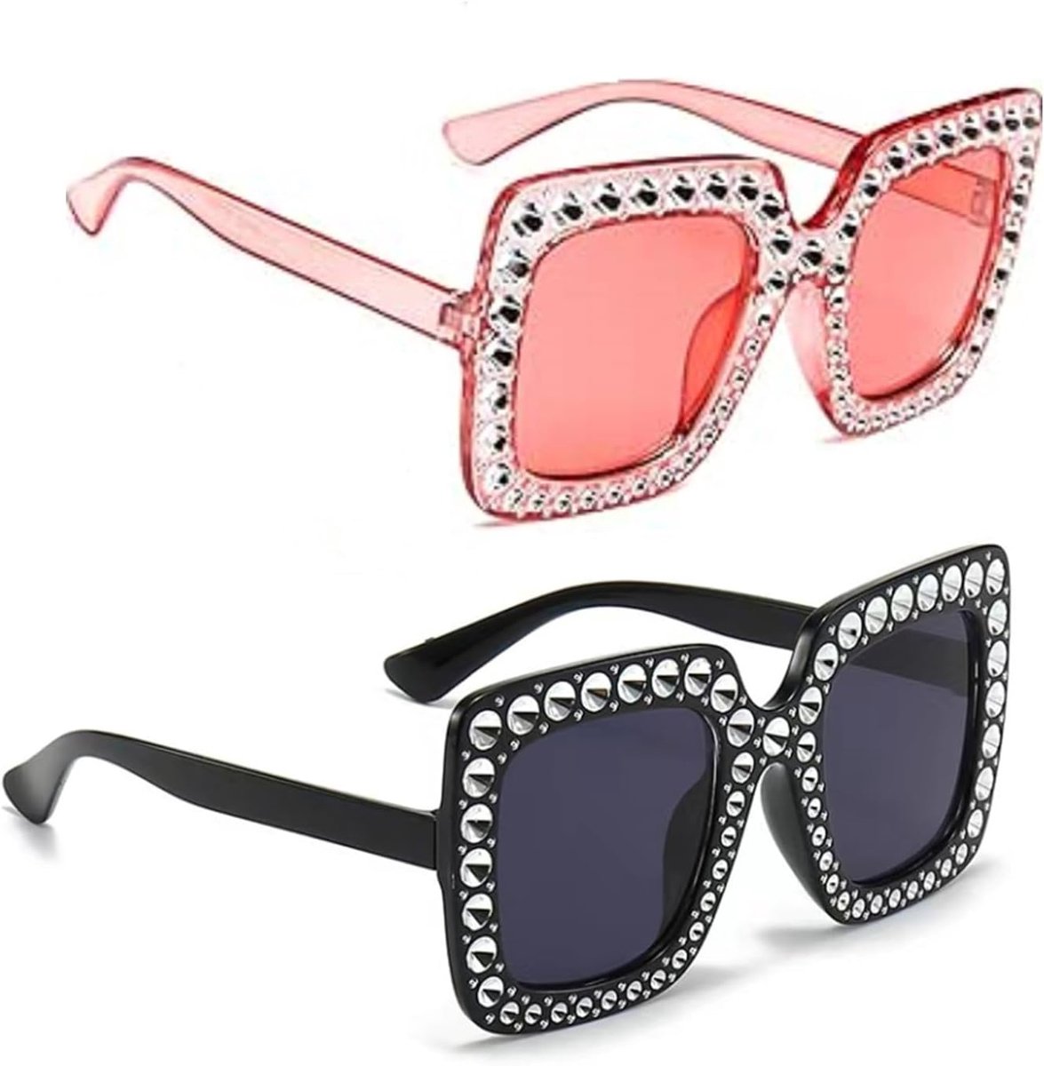 Zonnebril met strass, 2 stuks, oversized vierkante zonnebril, uniseks, kristallen strass, dik frame, zonnebril, klassieke trend, dameszonnebril, kattenoog, retro, damesmode, zonnebril
