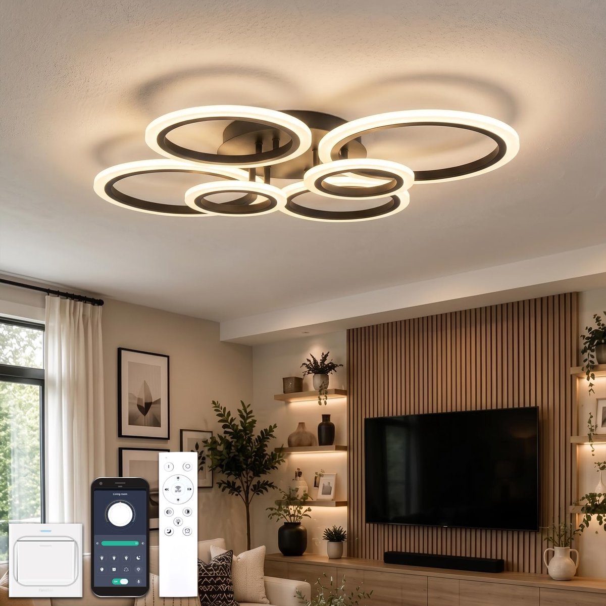 Plafondlamp Led met afstandsbediening en app, plafondlampen met 6 ringen, dimbaar, licht geheugenfunctie met timer, moderne plafondlamp, rond, woonkamer, hal, slaapkamer, zwart