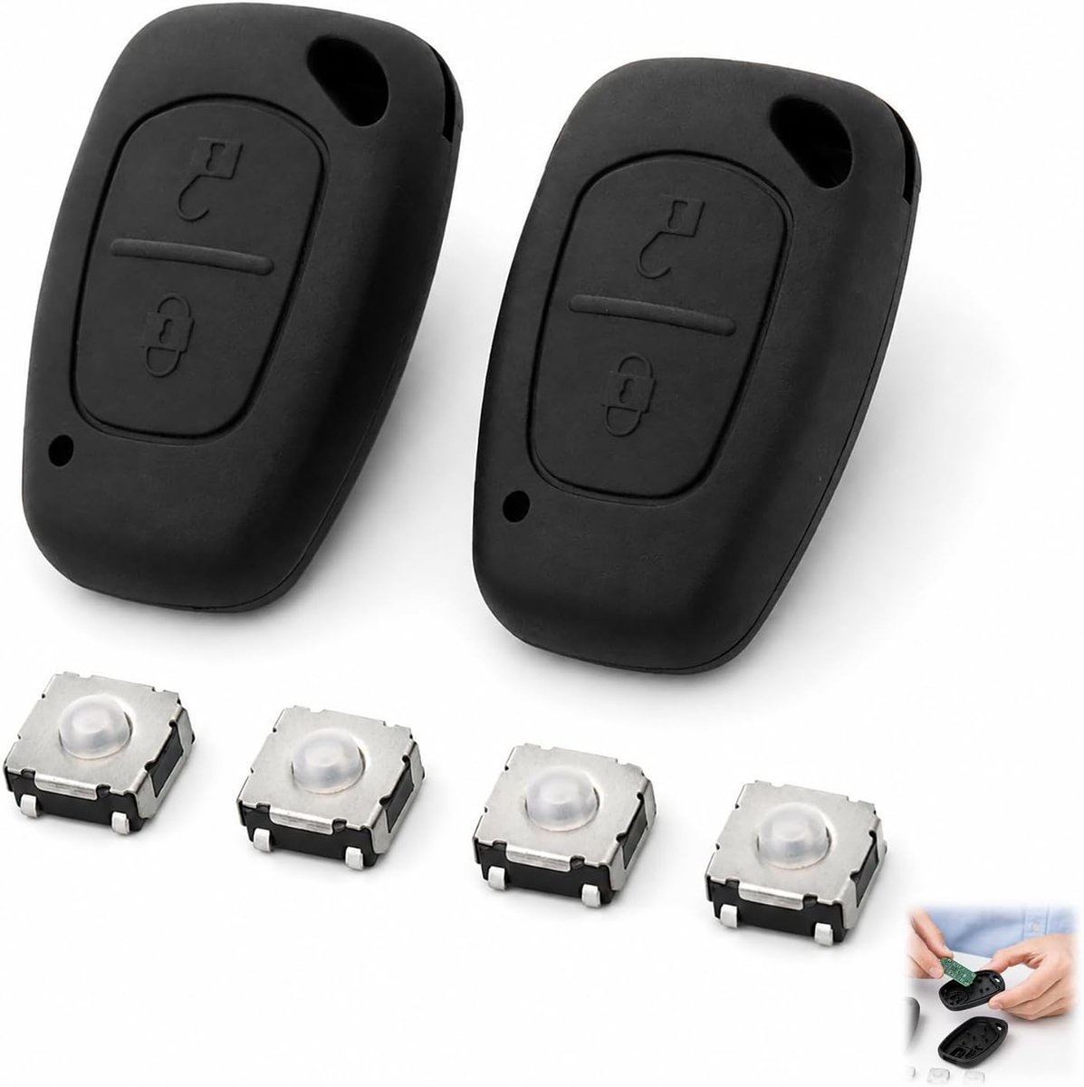 2 stuks autosleutelbehuizing voor Renault, vervanging autosleutel, 2 knoppen, compatibel met Renault, vervangende afstandsbediening behuizing zonder lemmet of elektronica, met 4 aan/uit-knop