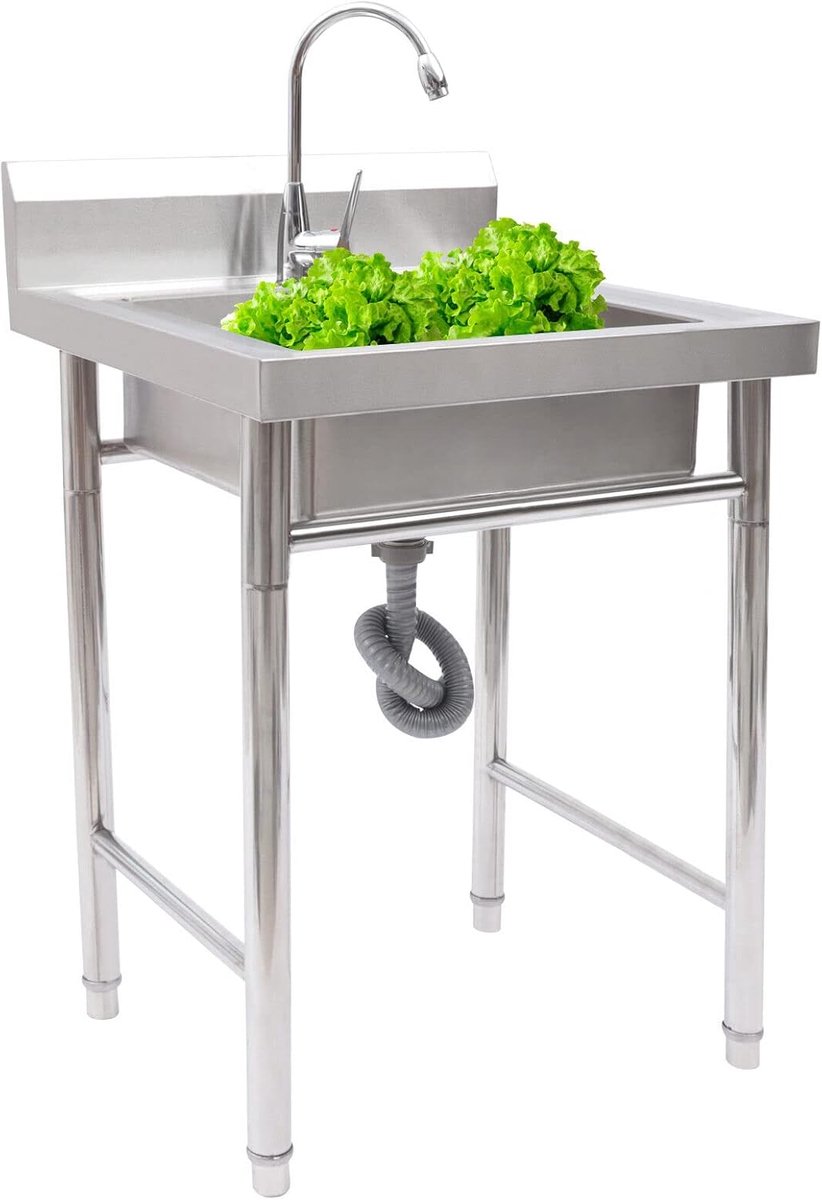 Spoelbak, roestvrijstalen spoelbak, zilver, 61 x 60 x 93 cm, 360 graden draaibaar, met afvoerzeef, verstelbare poten, backsplash voor buiten en binnen, keuken, restaurant, bar, garage,