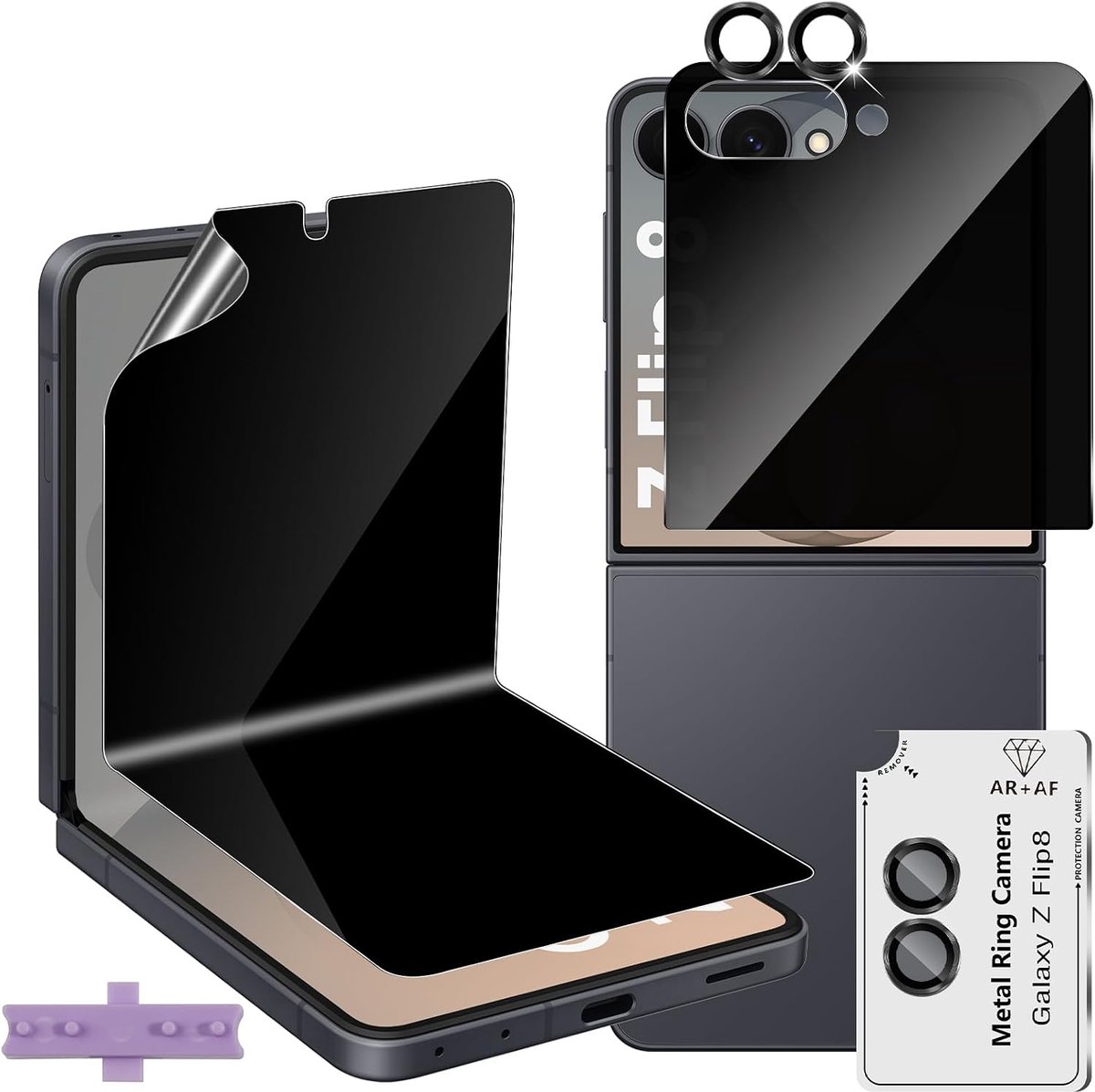Lutree Voor Samsung Galaxy Z Flip 8 5G / Z Flip8 5G, voor pantserglas, inkijkbescherming, 1+1+1 stuks binnenzijde TPU privacy beschermfolie + achterkant anti-spatten veiligheidsglas +
