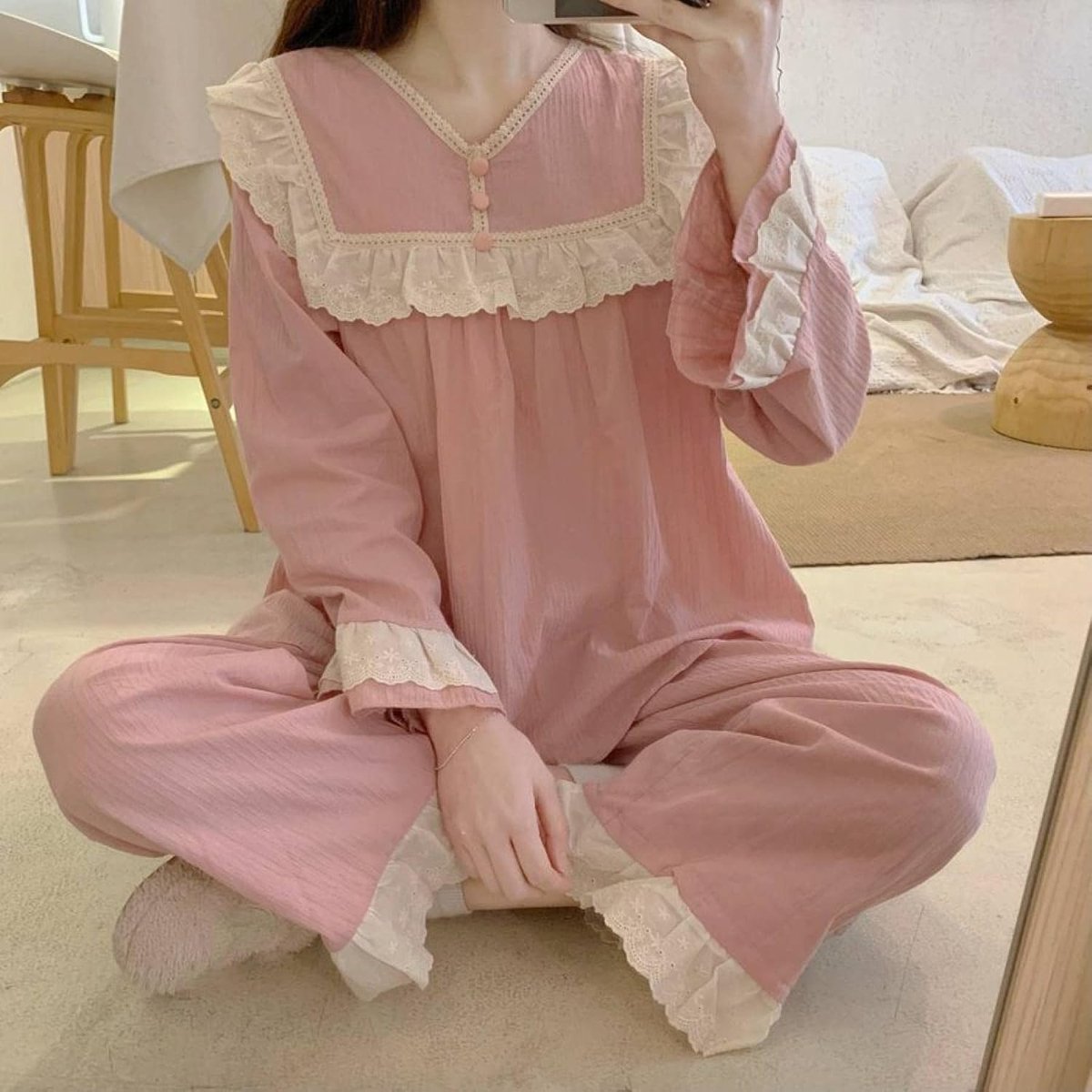 Vierkante Kraag Zoete Kanten Pyjama Set - Dames Homewear Set In Effen Kleur,Prinses Windkatoen Jacquard Loungewear Tweedelige Set,Dames Lange Mouw Ruches Nachtkleding Homewear,Roze,One Size