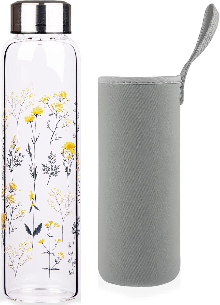 Waterfles, glazen drinkfles met neopreen hoes en lekvrij roestvrijstalen deksel, 500 ml/1000 ml/1 liter (500 ml, bloeiende takken)