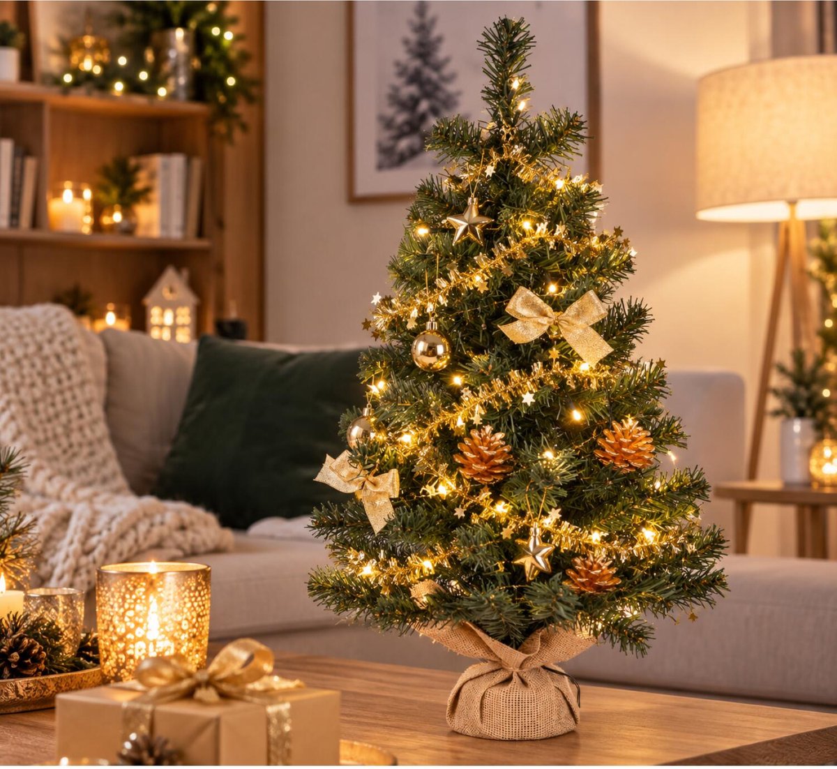 Verlichte kunst kerstboom - 75 cm - met gouden decoratie en slinger - kunstboom – foto 5