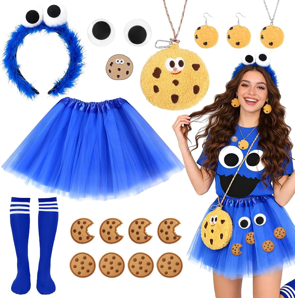 Koekjesmonster Kostuum voor Vrouwen, Koekjesmonster Kostuum met Hoofdband, Tas, Tutu Rok, Ogen Mond Koekjes Stickers, Oorbellen Ketting Koekjes Outfit Set voor Carnaval Fancy Dress Themafeest