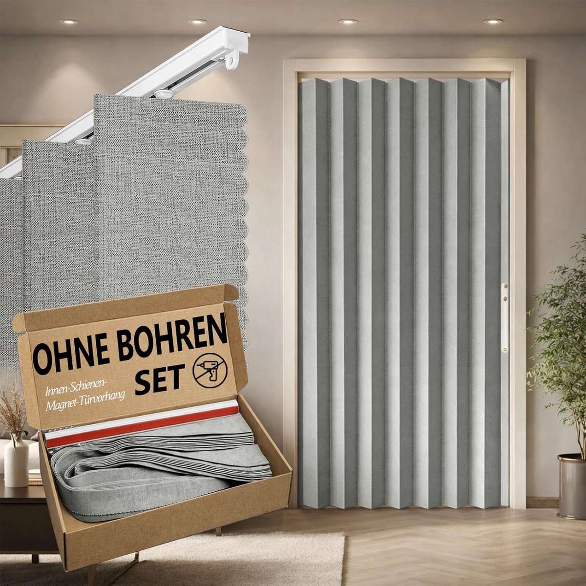 100% ondoorzichtig deurgordijn – opvouwbare accordeon-stijl met magneetsluiting, kleefmontage zonder boren, incl. plakrail, verduistering en windscherm, grijs, H 201 x B 106 cm
