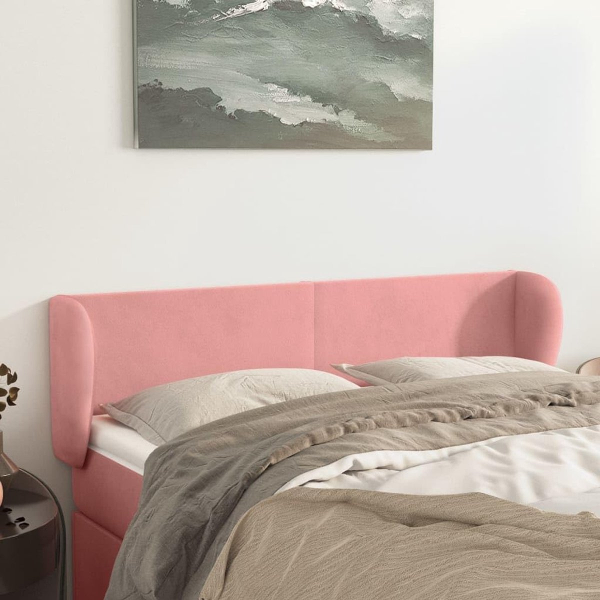 Hoofdeinde met oren, roze, 147 x 23 x 78/88 cm, fluweel, voor de slaapkamer, hotelhoofdeinde, werkkamer, voor slaapkamer, tweede slaapkamer, hotel
