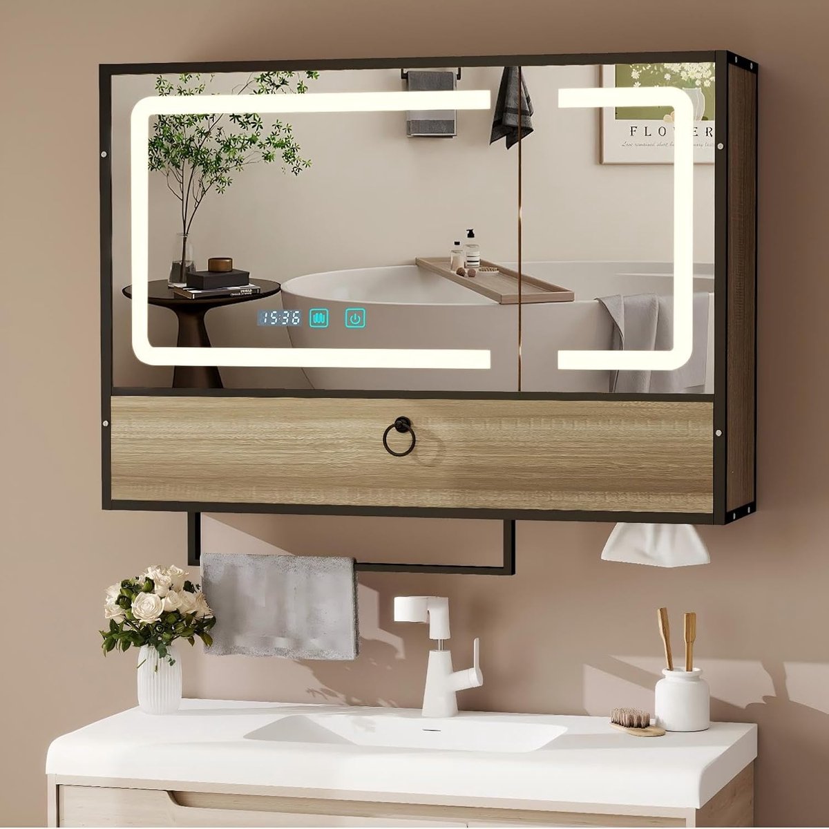 Spiegelkast met ledverlichting, 80 x 60 cm, badkamerkast met 6 planken, 2 deur-handdoekhouders, badkamerkast met led-badkamerspiegel, condensvrij, 3 kleuren, dimbaar, metalen frame