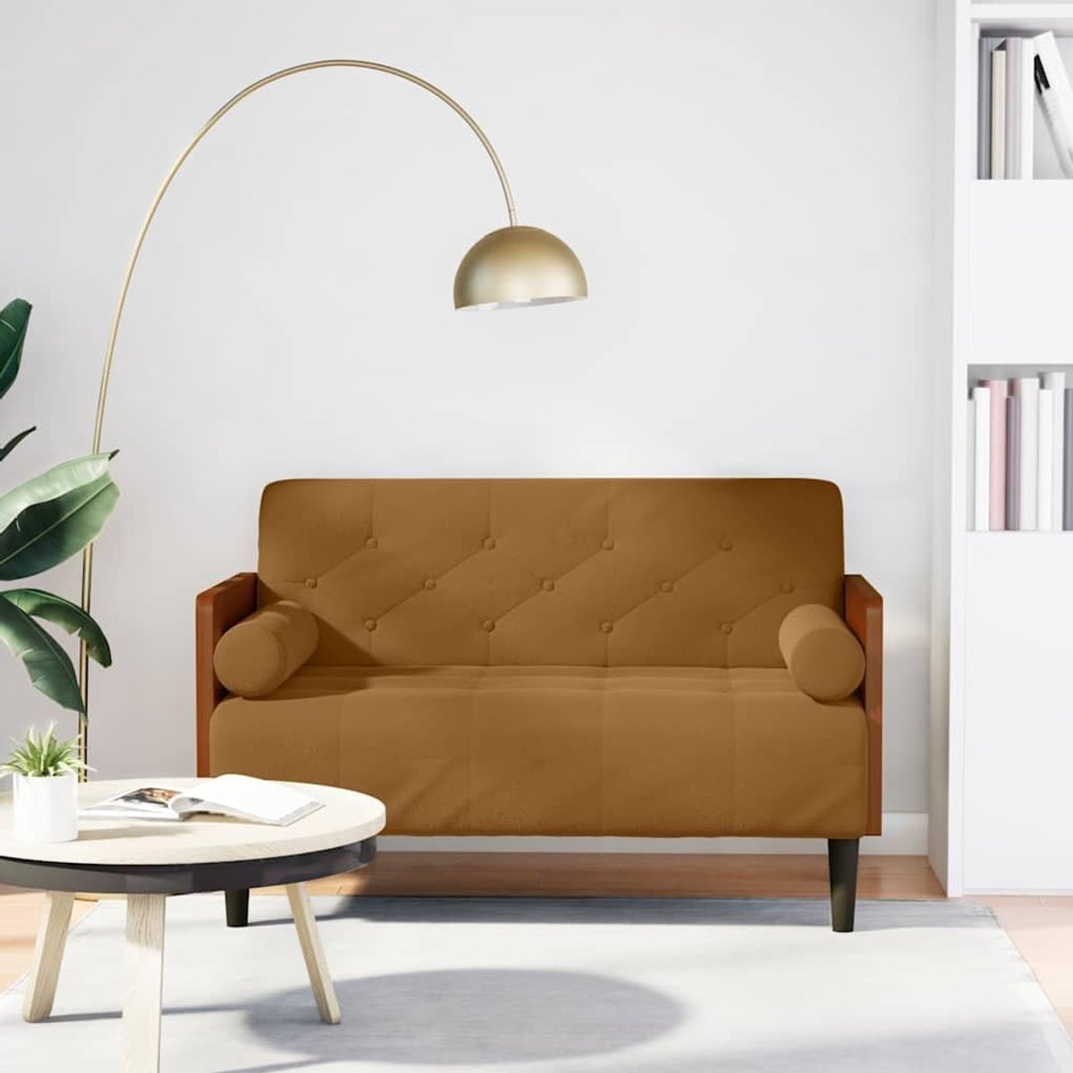 Tweezitsbank met nekrollen en sofa in bruin 110 cm fluwelen stof voor woonkamer en eetkamer met comfortabele bekleding en stabiele multiplex constructie