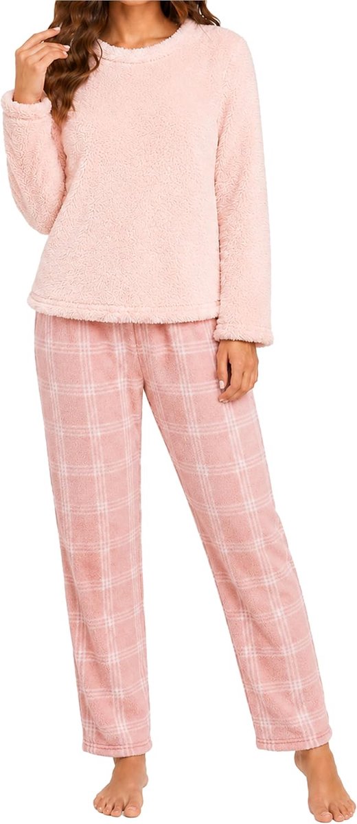 Flanellen pyjamaset voor dames, met ronde hals