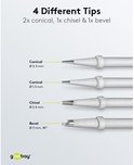 Vier soldeerpunten: twee conische (Ø 0,5 mm en 1,5 mm), een schuine (Ø 2,0 mm) en een schuine punt (Ø 3 mm, 45°).