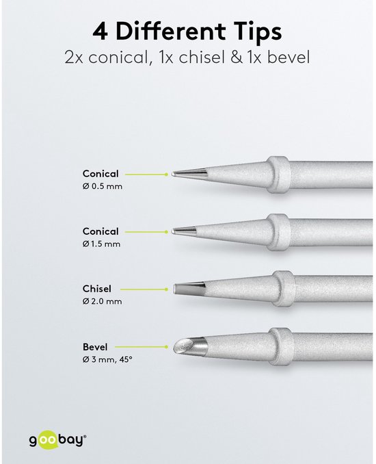 Vier soldeerpunten: twee conische (Ø 0,5 mm en 1,5 mm), een schuine (Ø 2,0 mm) en een schuine punt (Ø 3 mm, 45°).