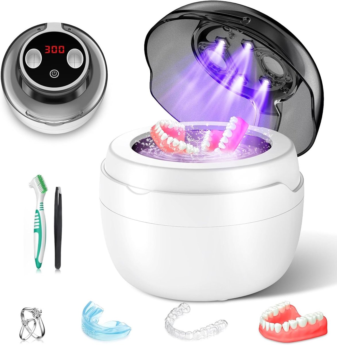 Reinigingsapparaat, 50.000 Hz, ultrasone reiniger, 250 ml, automatisch uv-reinigingsapparaat, 4 modi, ultrasone reiniger voor gebitjes, retainer, aligner, prothesen, tandspalk, sieraden