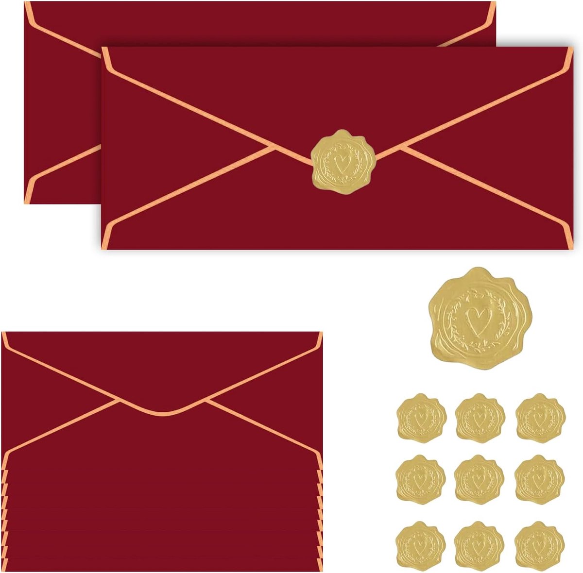 20 Stuks Uitnodigingsenveloppen met Gouden Stickers, V-Flap Enveloppen voor Zakelijk en Feesten, Donkerrood, 24,1 x 10,5 cm