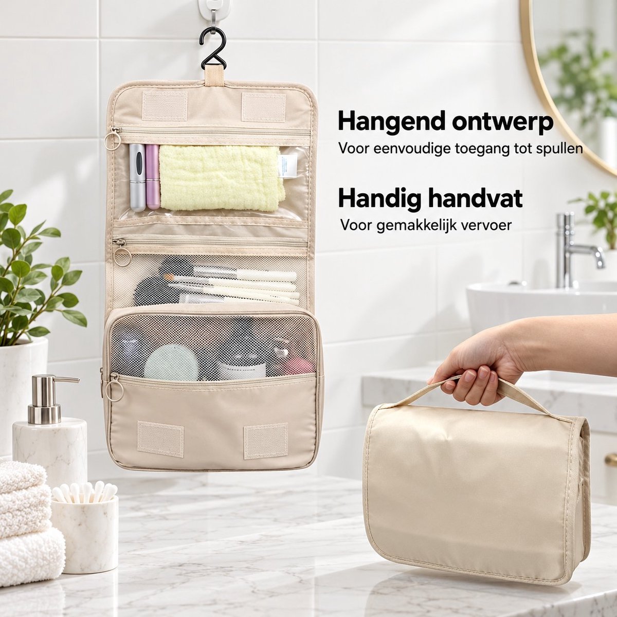 R&H® Opvouwbare Toilettas Ophangbaar - Waszak met Meerdere Vakken en Draaggreep - Beige - Large