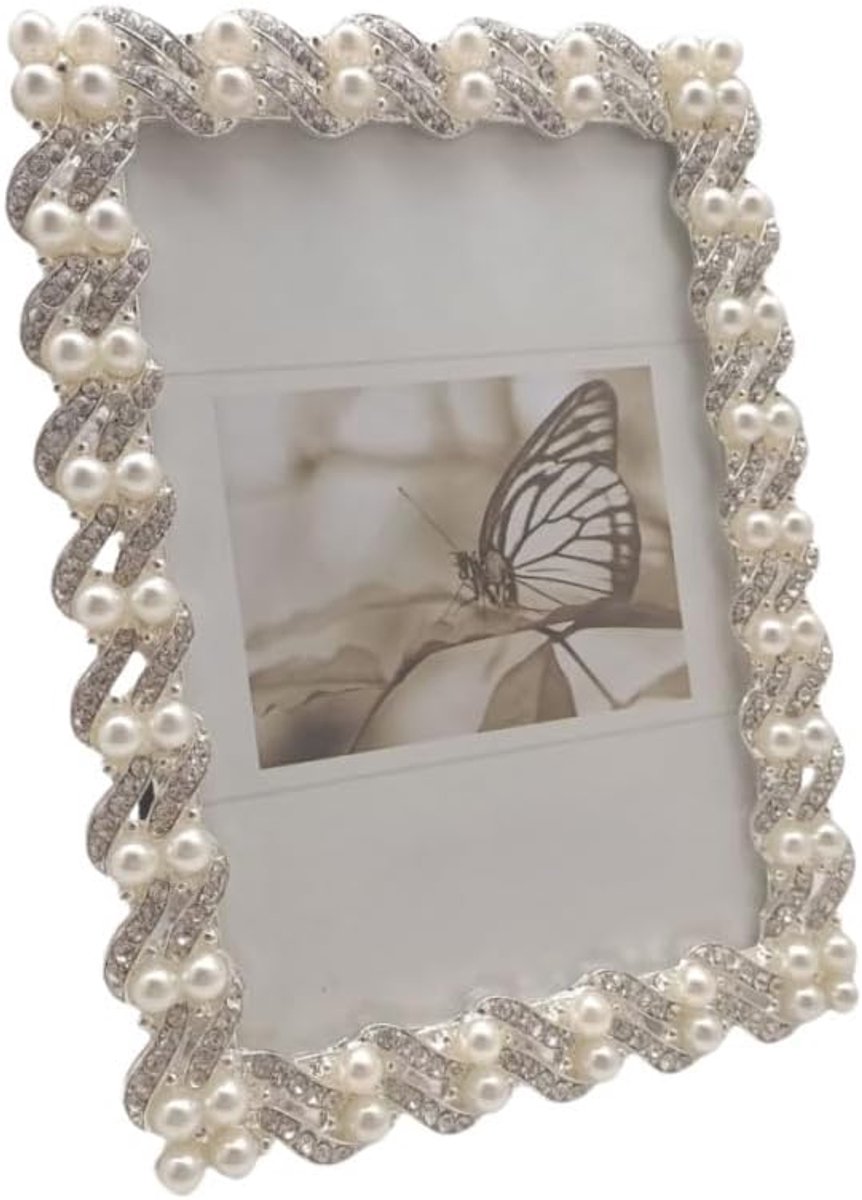 Pearl Metal Photo Frame, 12 x 18 cm Silver Coated with High Definition Glass Photo Frame, Pearls Inlaid with White - ShopVlot