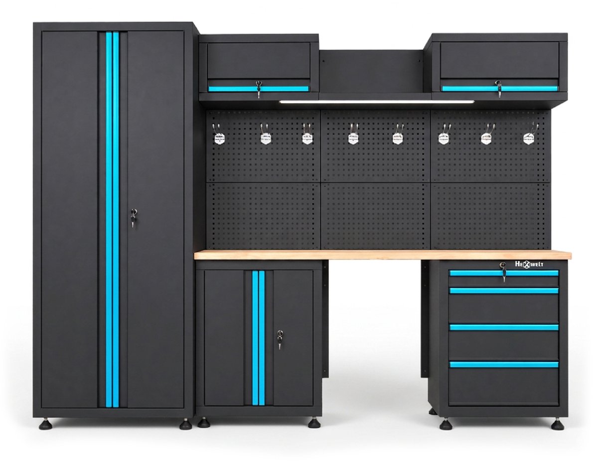 HEXWELT HW-MW-159 Werkplaatsinrichting 260 cm - Werkbank met Kasten, LED en Gereedschapswand