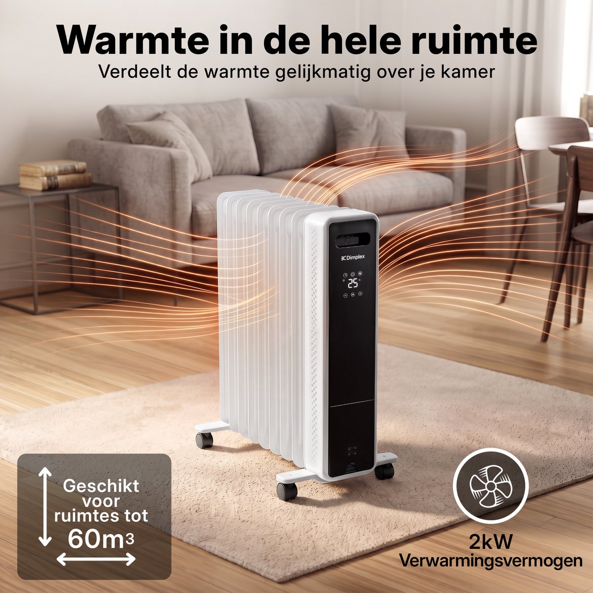 Dimplex ECO Edge Olievrije Radiator 2000W – Elektrische Kachel voor Ruimtes tot 60 m³ – Elektrische Verwarming met Thermostaat (5-35°C), 24-uurs Timer en Kinderslot – Wit/Zwart – foto 5