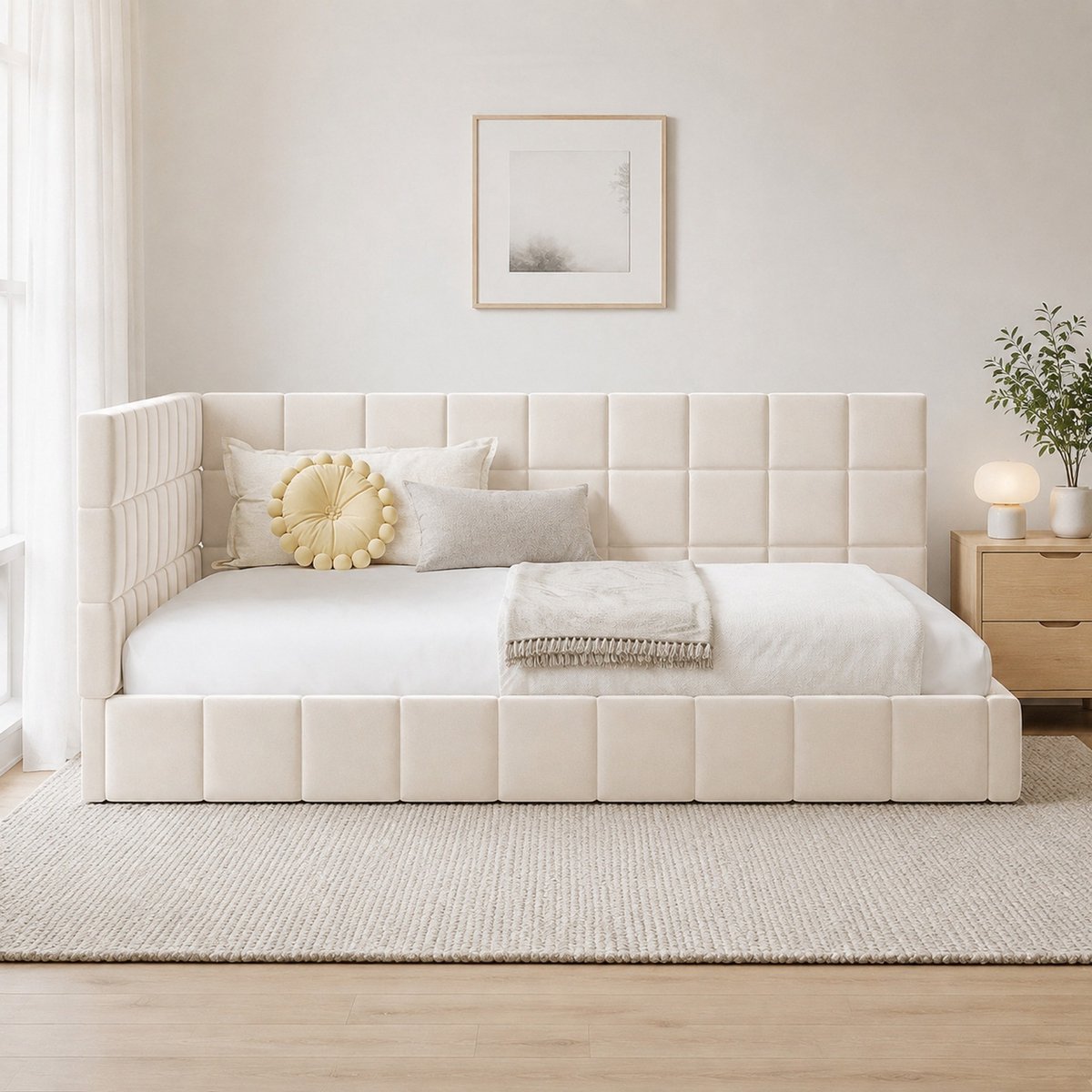 WUVRIE Slaapbank 140x200 cm met lattenbodem en verwisselbare rugleuning, beige